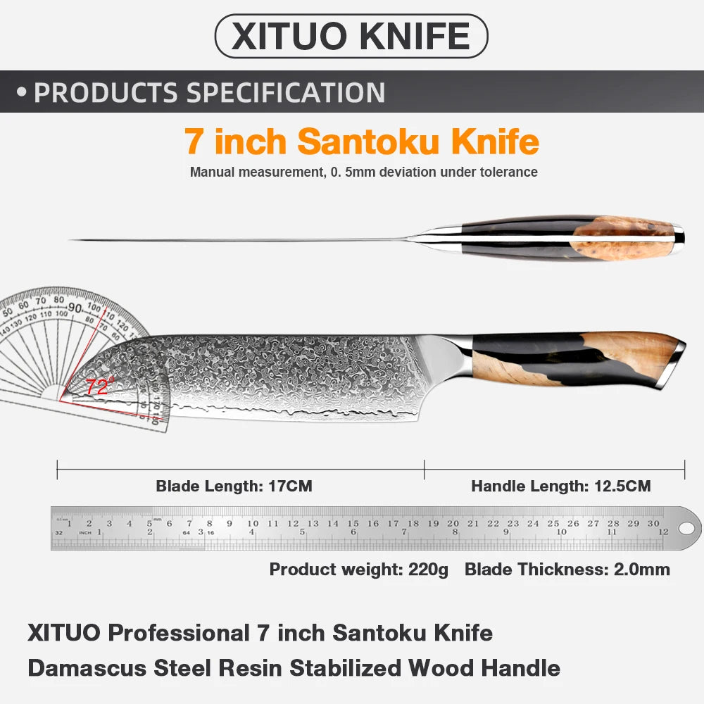 Xituo 7" Damascus Santoku Knife – VG10 67-Layer Steel Damascus Santoku Knife Qst