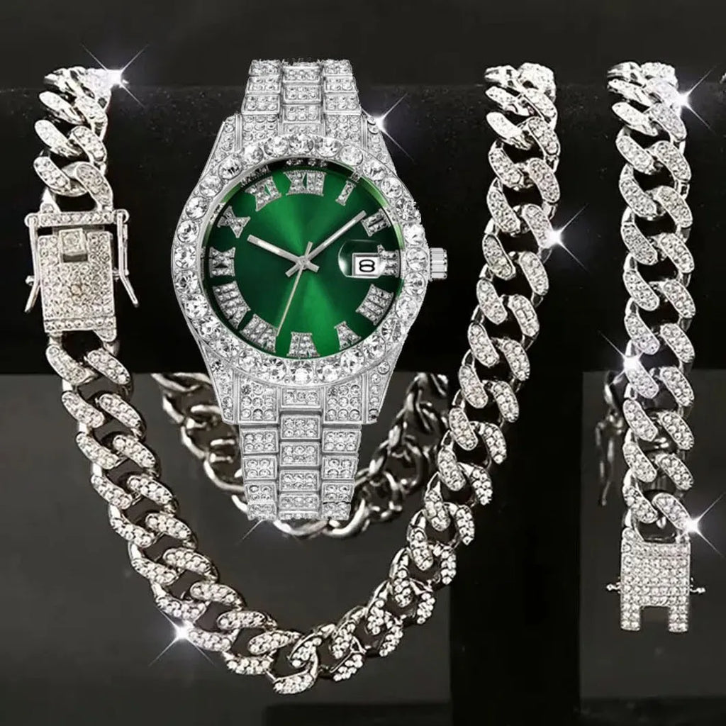 Hip Hop Watch Set – Diamond Bracelet, Necklace & Large Dial Hip Hop Watch Set Qme
