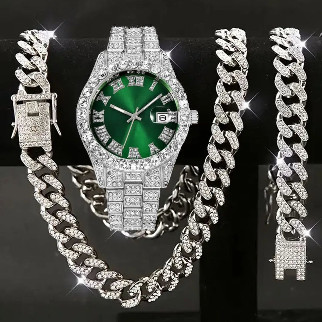 Hip Hop Watch Set – Diamond Bracelet, Necklace & Large Dial Hip Hop Watch Set Qme
