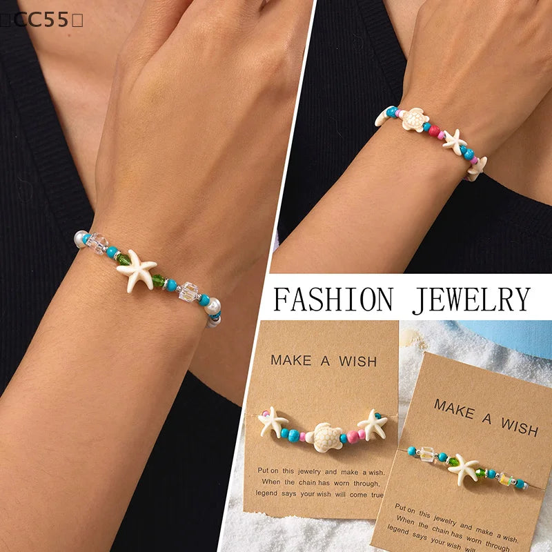 Boho Starfish Shell Beaded Bracelet – Handmade Beach Jewelry Charm Bracelet Qst
