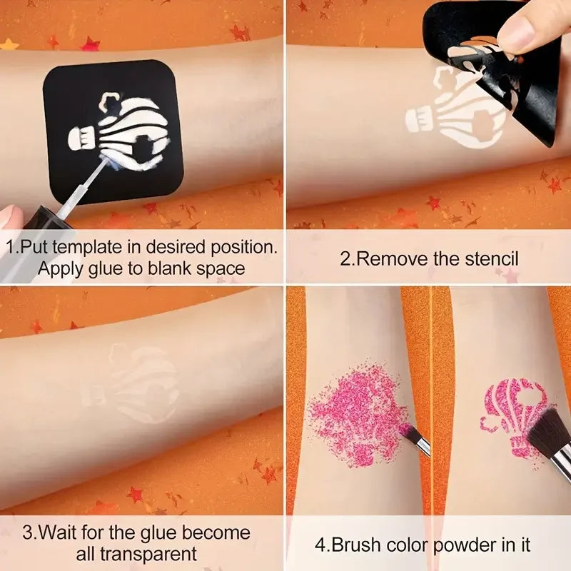 Reusable Temporary Tattoo Kit – Body Glue, Stencils & Glitter Body Art Kit Qme