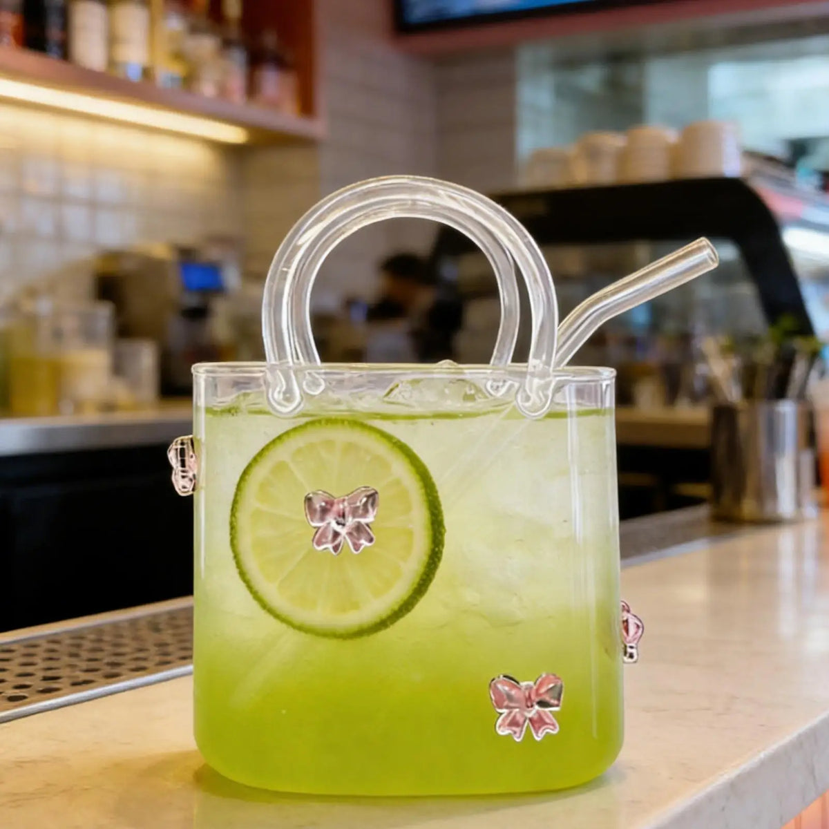 Glass Purse Vase Wide Rim Drinkware with Straw | Large Capacity Novelty Drinkware Qme
