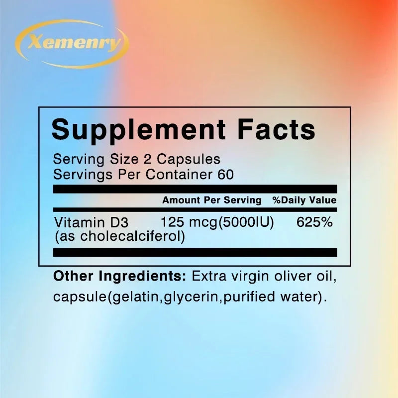 Xemenry Vitamin D3 5000 IU – Immune & Bone Support Vitamin D Supplement Qst