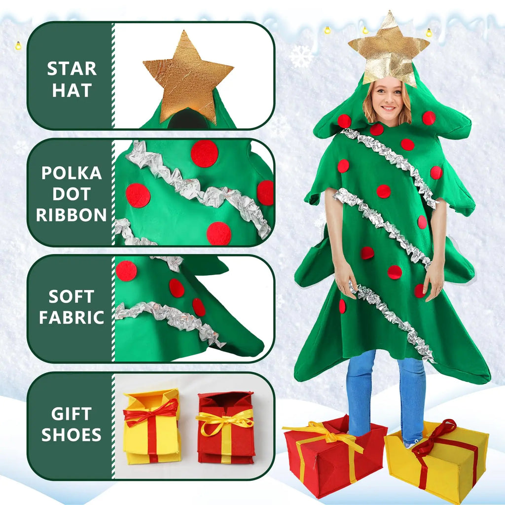 Christmas Tree Onesie Costume with Shoe Covers – Adults & Kids Holiday Onesie Costume Qme