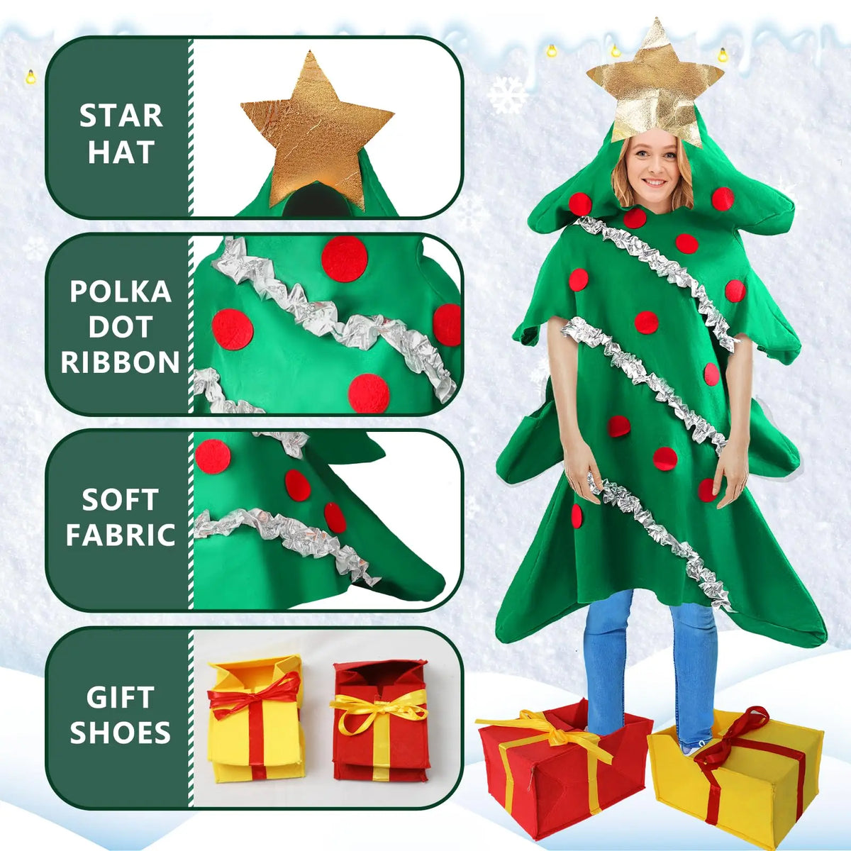 Christmas Tree Onesie Costume with Shoe Covers – Adults & Kids Holiday Onesie Costume Qme
