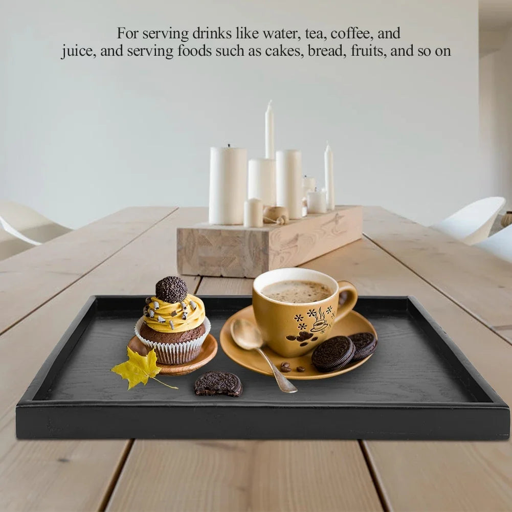 Black Rectangle Solid Wood Serving Tray – Tea, Coffee & Food Wooden Serving Tray Qme