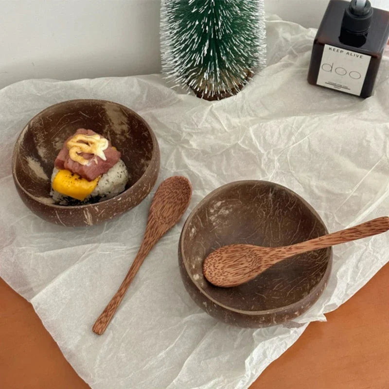 Natural Handmade Coconut Bowl with Fork – Eco Tableware Coconut Bowl Set Qme