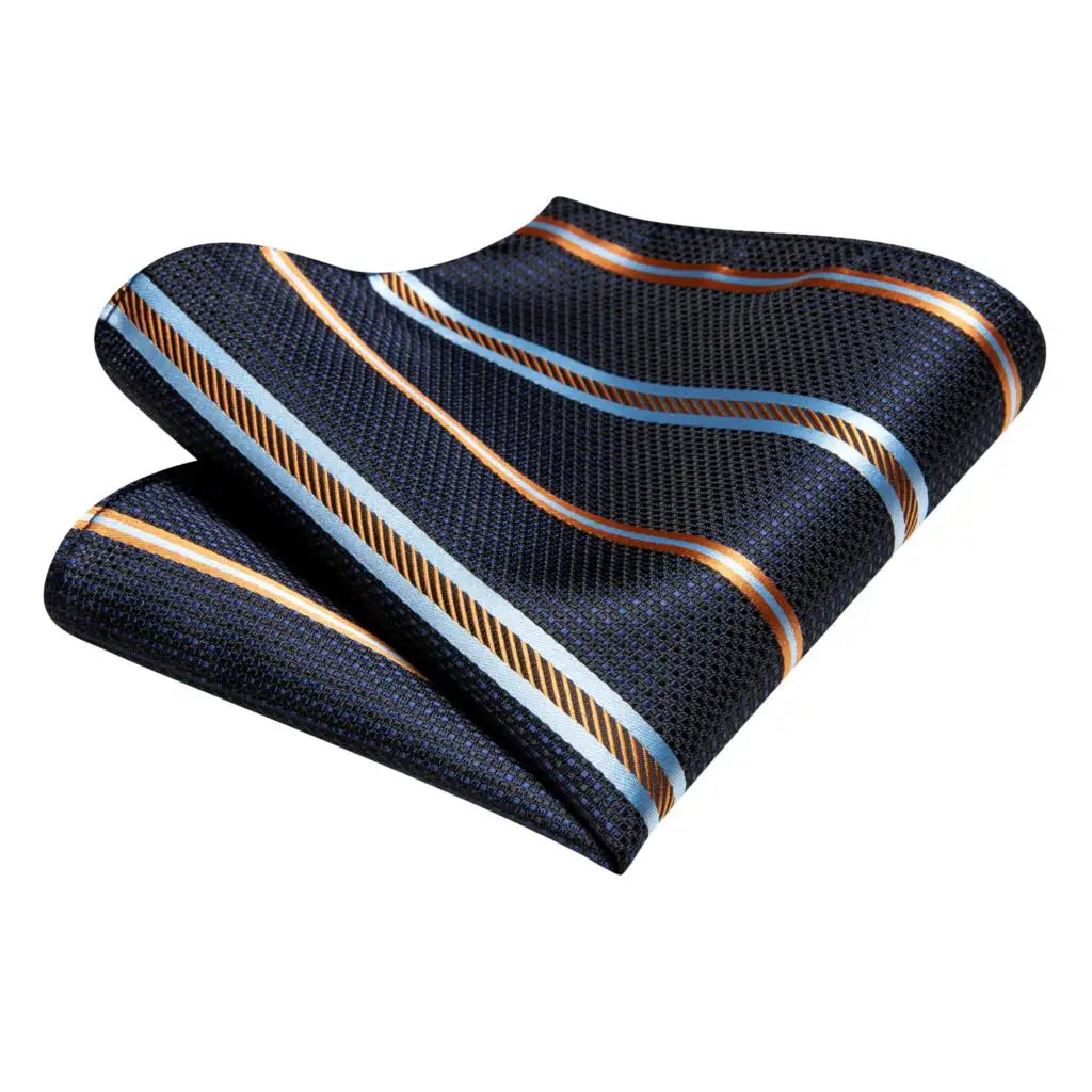 Hi-Tie Men's Striped Navy Blue Silk Necktie & Cufflinks Set Silk Necktie Gift Set Qme