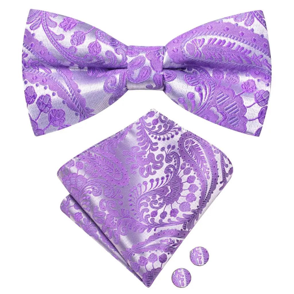 Men's Silk Bow Tie, Pocket Square & Cufflinks Set – Purple Bow Tie Gift Set Qme