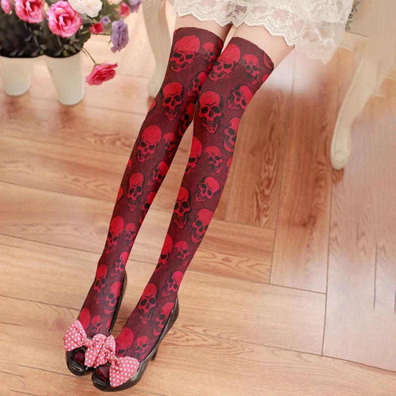 Skull Print Women's Long Stockings | Novelty Hosiery Novelty Print Stockings Qme