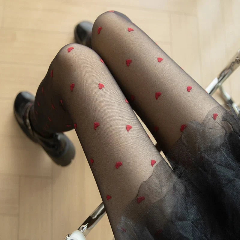 Women's Black Heart Tights Vintage Faux Tattoo Sheer Stockings Fashion Tights Qme