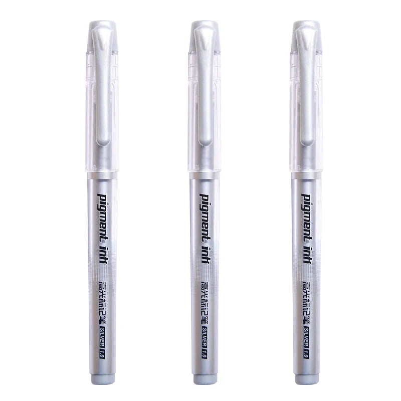 Metallic Gel Highlight Marker Pens – White, Gold & Silver Ink Metallic Gel Marker Pens Qme 3 silver