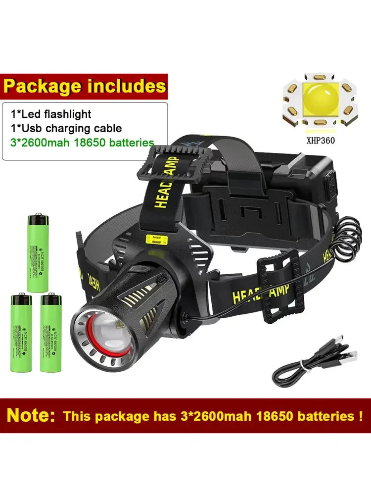 XHP360 LED Headlamp 2000LM Zoomable USB Rechargeable Waterproof LED Headlamp Qst 7800mAh Battery