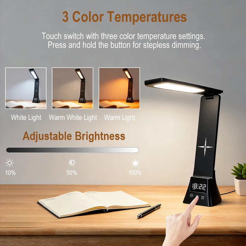 Wireless Charging LED Desk Lamp – Dimmable Clock & Alarm LED Desk Lamp Qst
