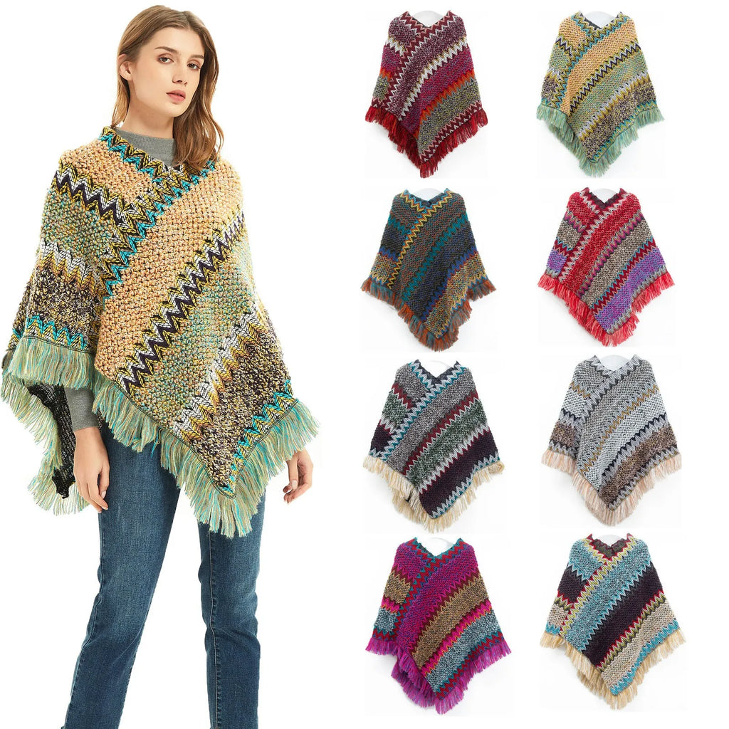 Women's Ethnic Knitted Tassel Poncho Cape Shawl Wrap Knitted Poncho Shawl Qme