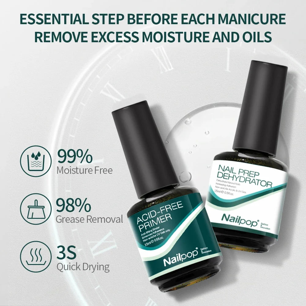 Nailpop Nail Dehydrator & Primer Set – Fast Dry Gel Polish Prep Nail Prep Set Qme