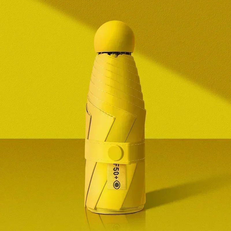 Portable Capsule Umbrella UPF 50+ – Compact 5-Fold Sun & Rain Compact Sun Umbrella Qst Yellow With Box 6K Iron