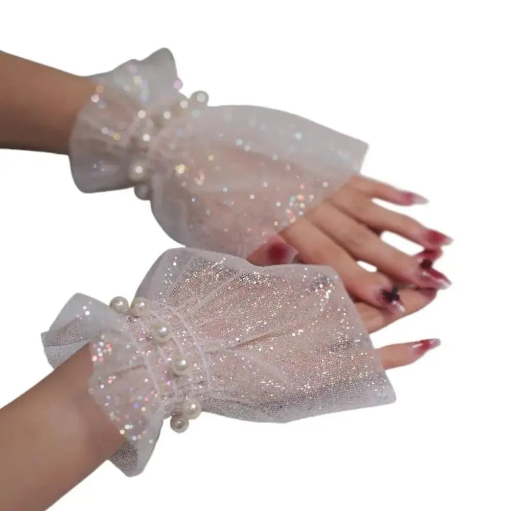 Tulle Sequin Nail Art Background Wrist Fake Sleeves 15cm Nail Art Accessory Qme White