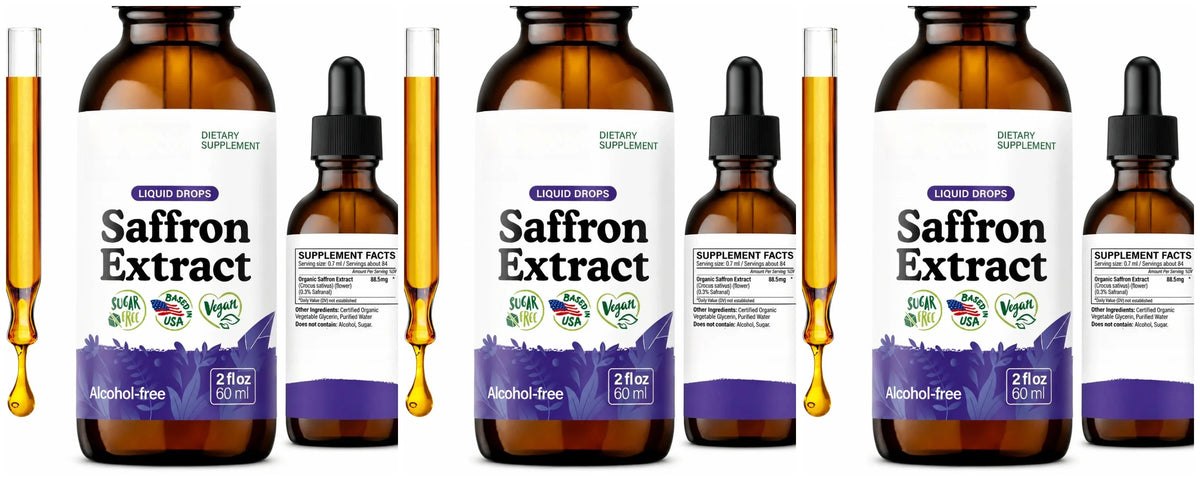 Organic Saffron Liquid Extract Drops – Vegan, Alcohol Free 60ml Herbal Liquid Supplement Qst 3bottles 180ml