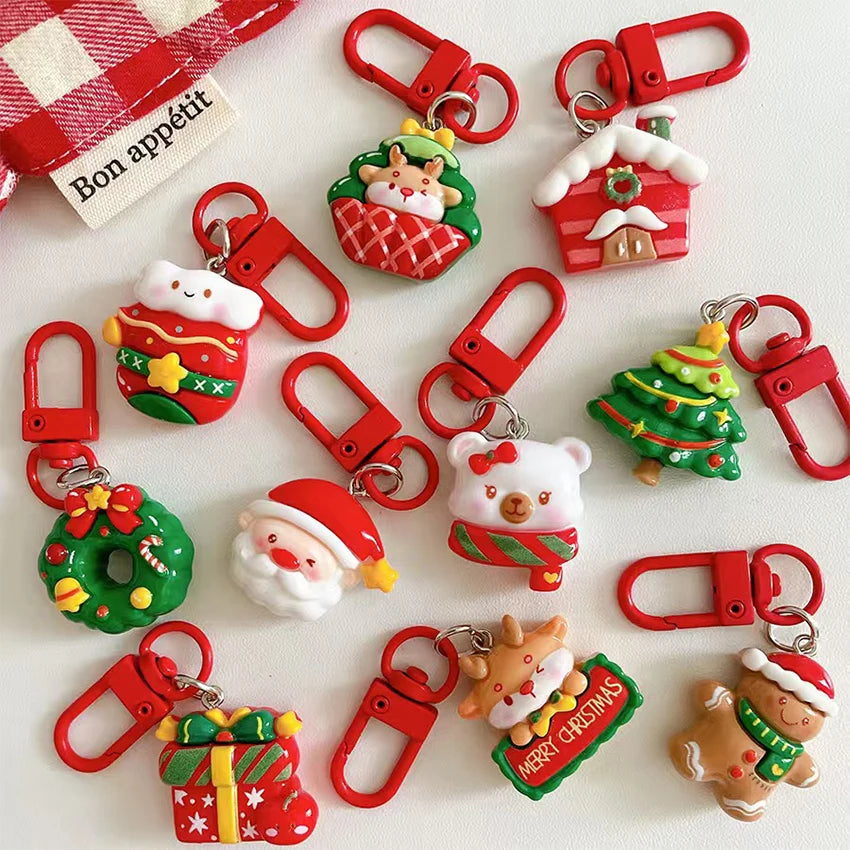 10-Piece Cartoon Christmas Keychain Set – Santa & Reindeer Holiday Keychain Set Qst