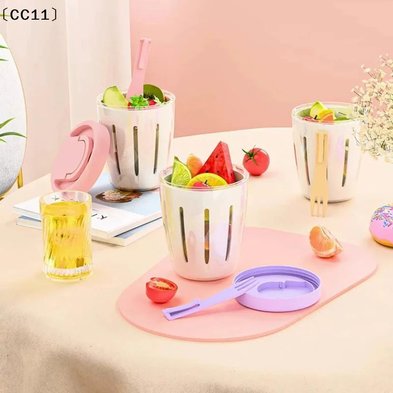 Cylindrical Salad & Fruit Cup Container with Fork & Drainage Portable Salad Container Qme