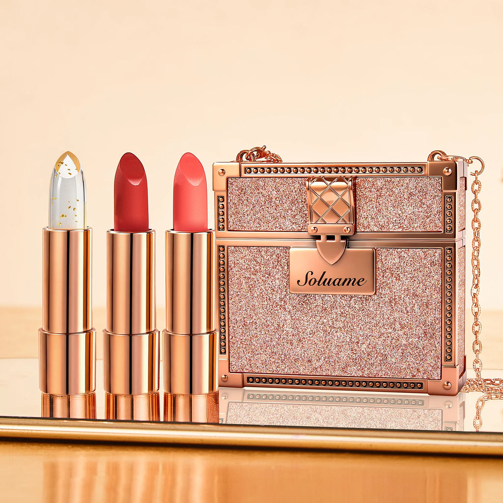 Matte Tri-Color Lipstick Set – Rose Gold Case, Chain & Mirror Lipstick Gift Set Qst Multicolor