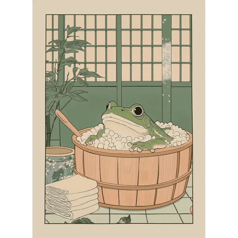 Japanese Bathroom Cute Animals Canvas Wall Art Poster Unframed