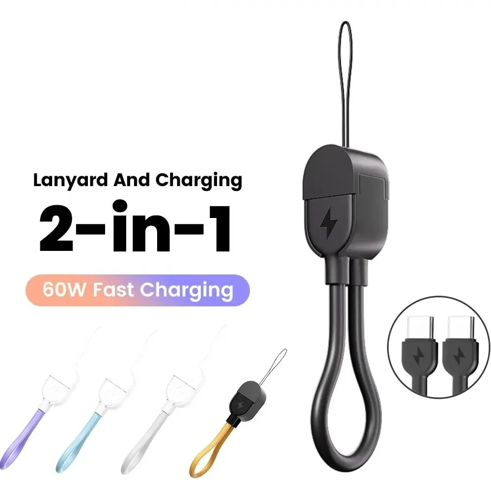 60W USB-C Fast Charging Keychain Cable | Portable Lanyard USB-C Charging Cable Qme