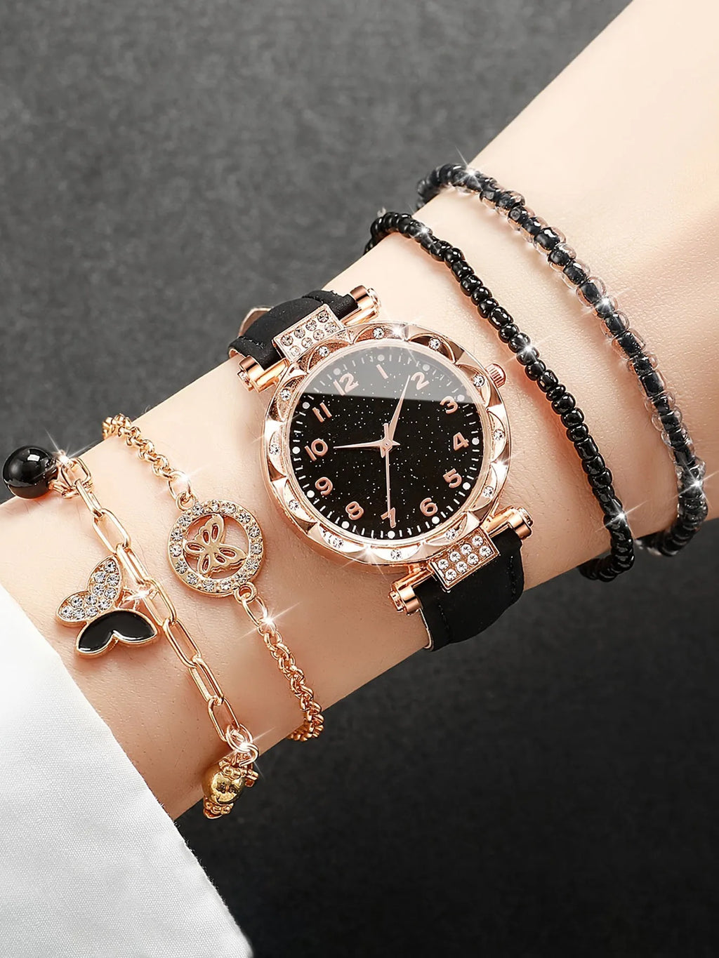 Rose Gold Women's Quartz Watch & Black Bracelet Set | Qme Watch & Bracelet Set Qme
