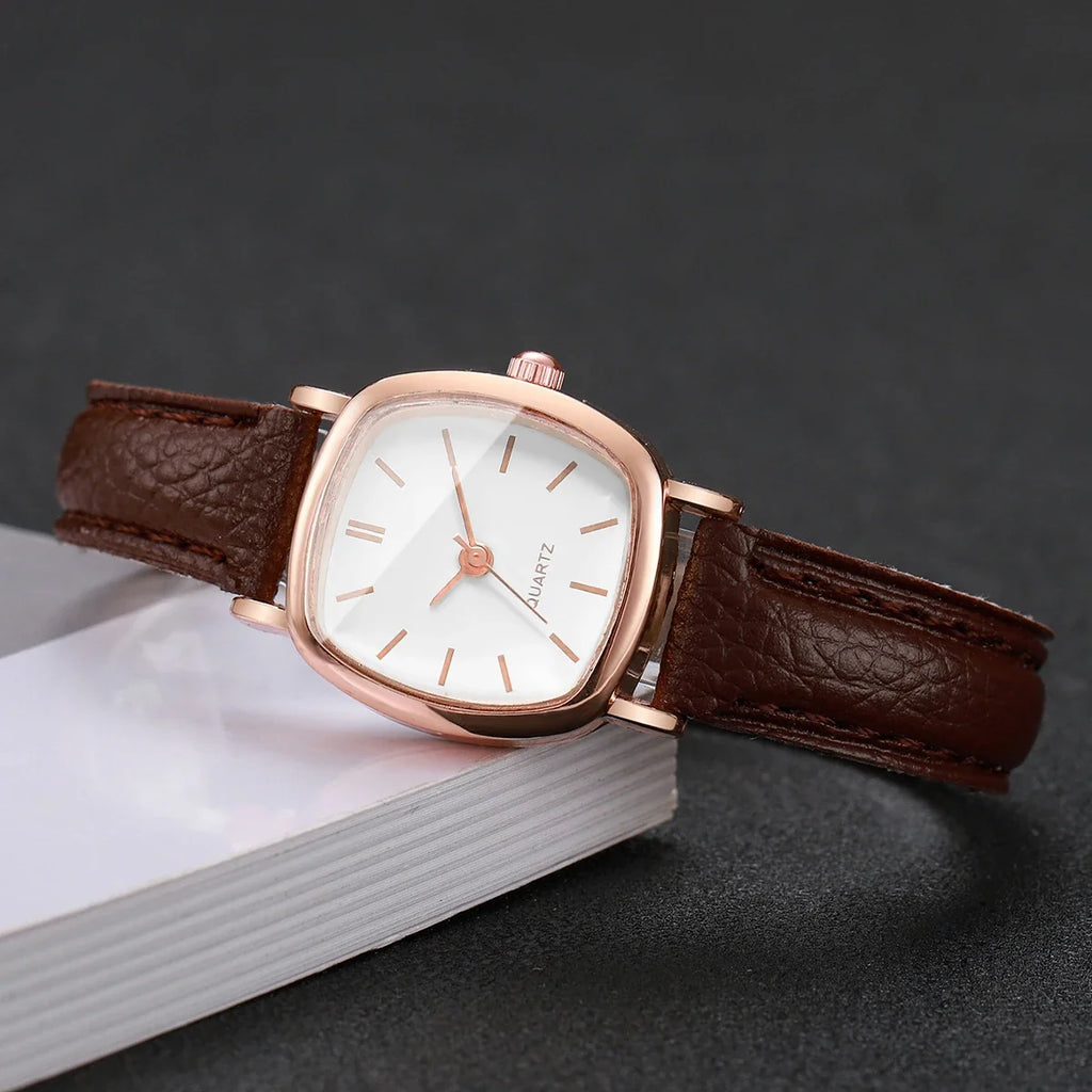 Women's Minimalist Square Quartz Watch – Rose Gold Brown Strap Women's Quartz Watch Qme
