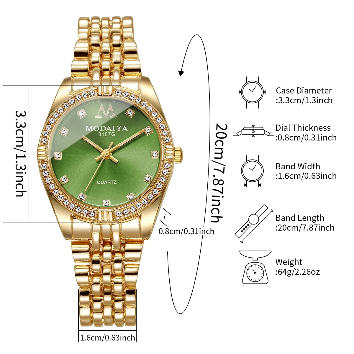 Women's Crystal Watch Rose Gold Tone Green Dial | Everyday Women's Fashion Watch Qme