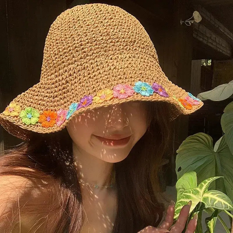 Woven Flower Straw Fisherman Hat – Wide Brim Summer Beach Hat Straw Sun Hat Qst Khaki