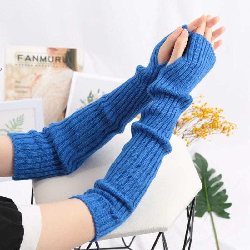 Women Long Fingerless Gloves Lolita Kawaii Knit Arm Warmers Fingerless Arm Warmers Qme ROYAL BLUE length-52cm