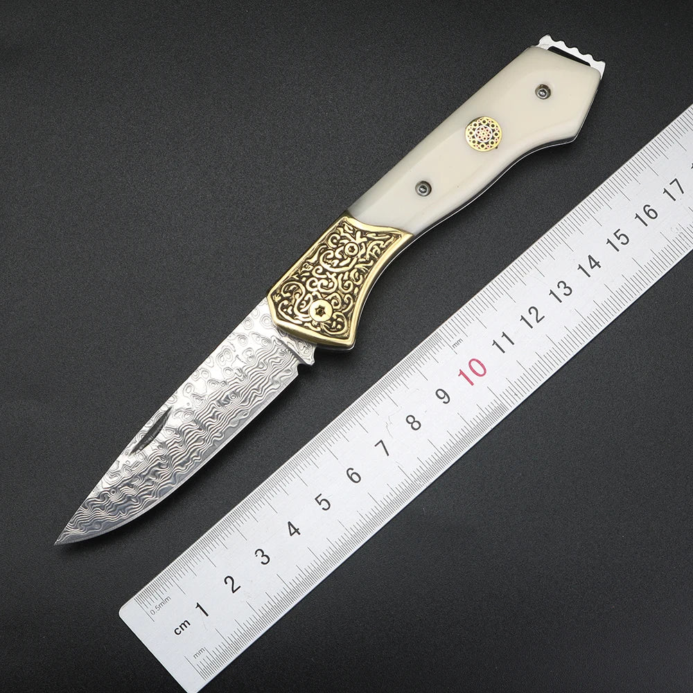 VG10 Damascus Folding Knife – Ox Bone & Brass Pocket Knife Folding Pocket Knife Qst