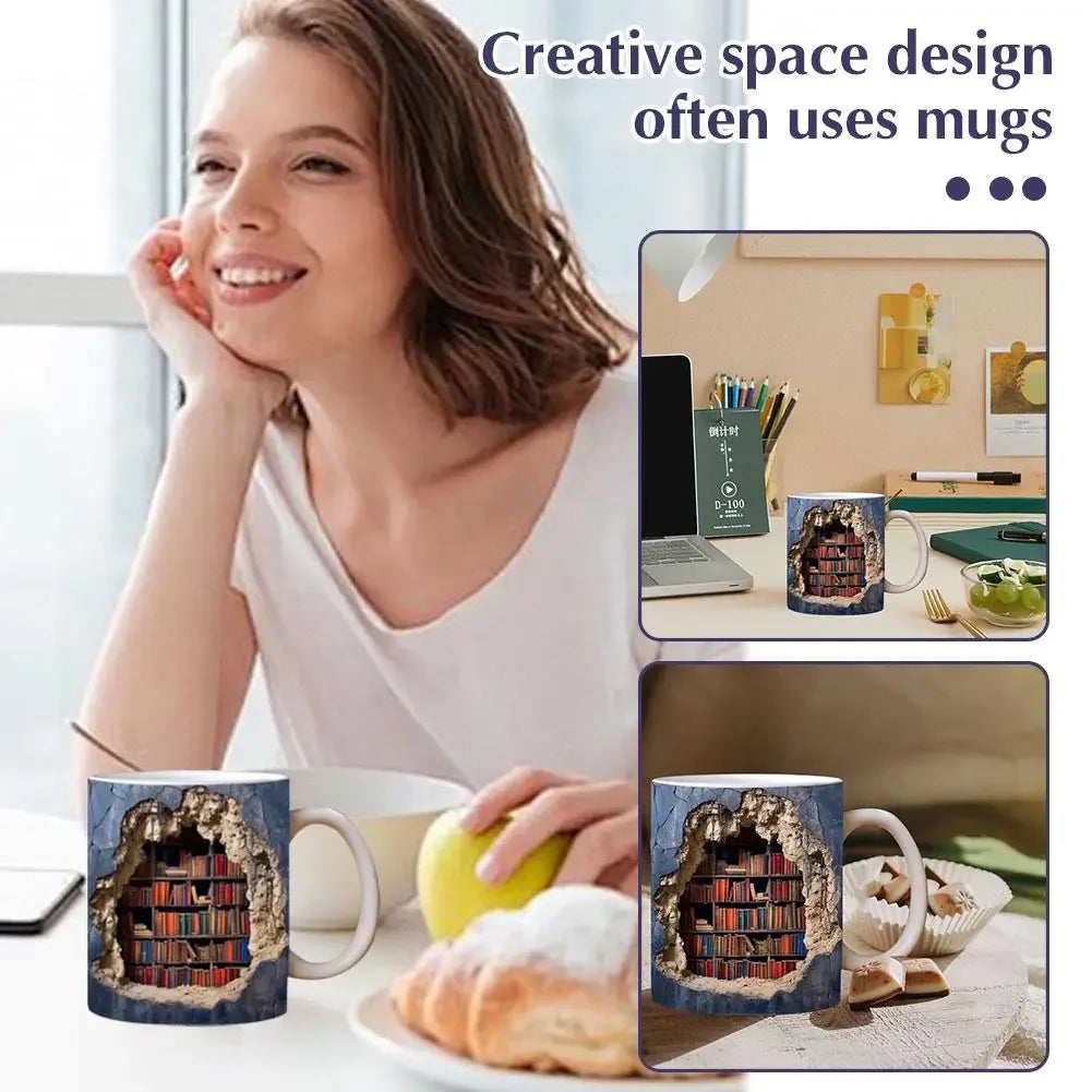 3D Bookshelf Library Mug – Ceramic Coffee Cup Gift for Readers Novelty Ceramic Mug Qst