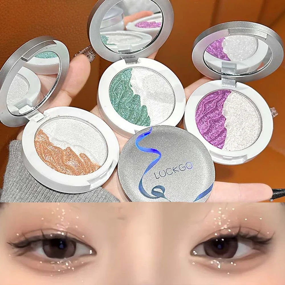 Qme 3-Color Two-Tone Glitter Highlighter Pressed Powder Highlighter Pressed Powder Qme