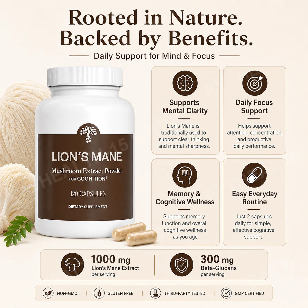 Lion's Mane Mushroom Extract 1000mg – 120 Capsules, 60 Servings Mushroom Supplement Qst