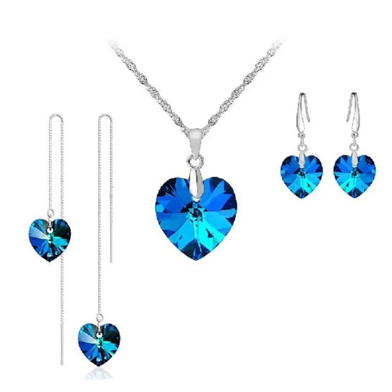 Blue Austrian Crystal 925 Sterling Silver Heart Pendant Set Crystal Jewelry Set Qme Default Title