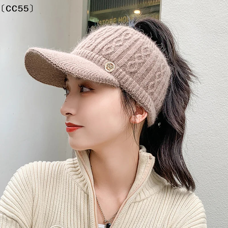 Women's Hollow Knit Top Hat – Warm Ear Protection Beanie Knitted Winter Hat Qst