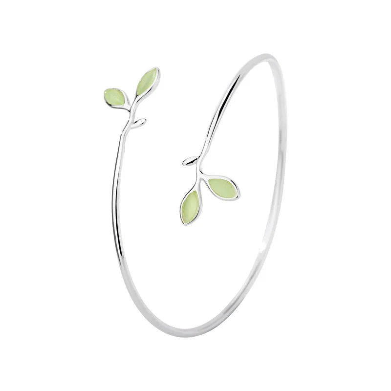 925 Silver Green Opal Leaf Bangle | Minimalist Women's Bracelet Silver Opal Bangle Qme