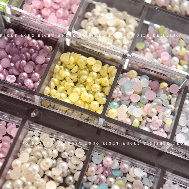 12-Grid Colorful Pearl Half-Round Beads for Nail Art & DIY Nail Art Beads Qme