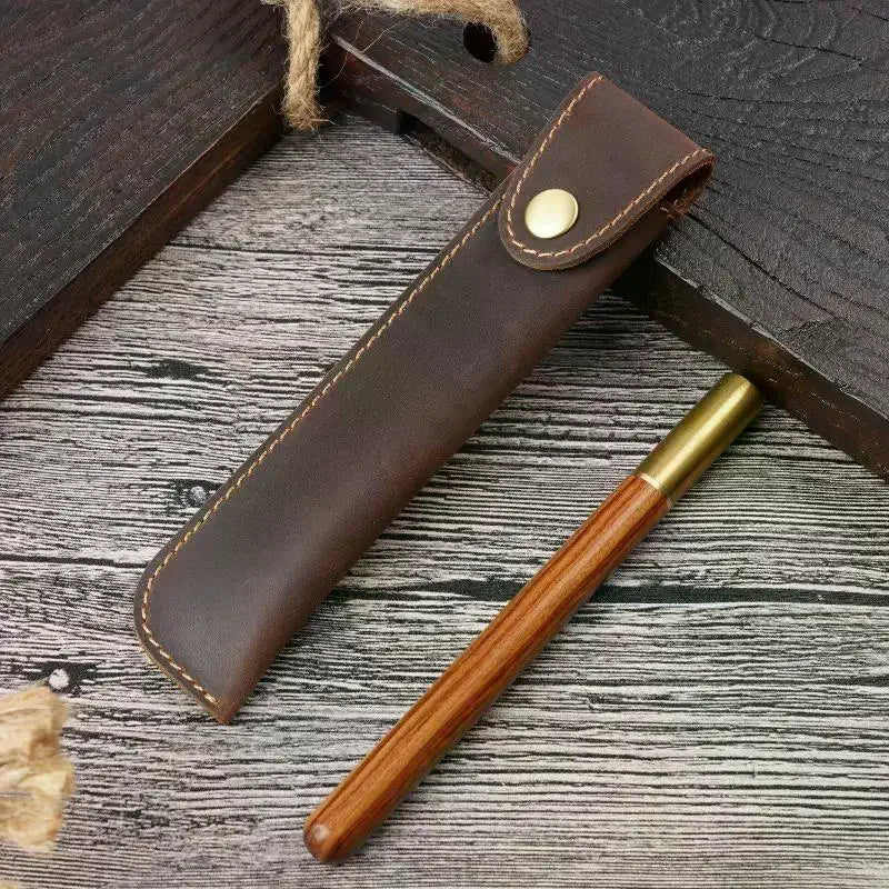 PU Leather Pen Holder Brass Snap Slim Pencil Case | 16 Colors Leather Pen Sleeve Qme