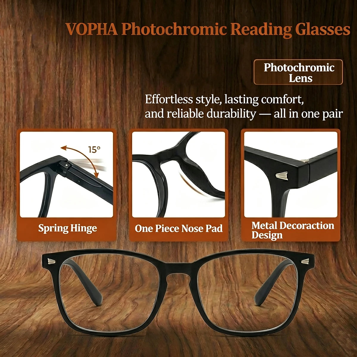 VOPHA L17 Photochromic Reading Glasses – Square Unisex Anti-UV Photochromic Reading Glasses Qst