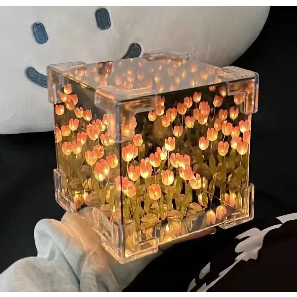 DIY Tulip Flower Cube 3D Glass Night Lamp – 4 Colors DIY Decorative Lamp Qme