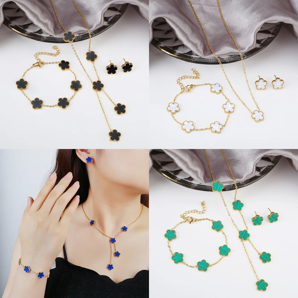 Five Leaf Flower Stainless Steel Bracelet Necklace Earrings Set Jewelry Set Qme