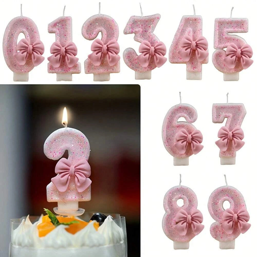 Pink Bow Sequin Number Birthday Candles 0-9 – Any Age Birthday Number Candles Qst