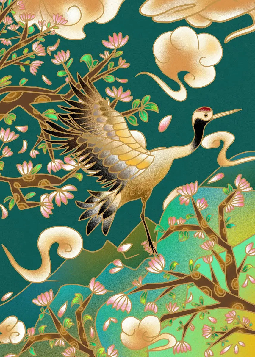 Retro Golden Crane Canvas Wall Art – Vintage Bird Poster Print Canvas Wall Art Qst C 50X70cm No Framed