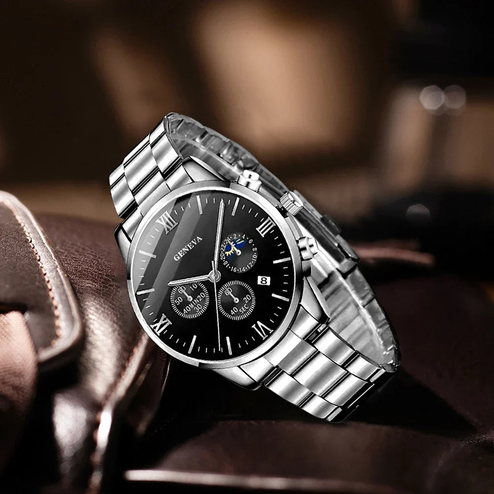 Men's Quartz Watch & Jewelry Set – Cross Pendant, Necklace & Ring Men's Jewelry Set Qme