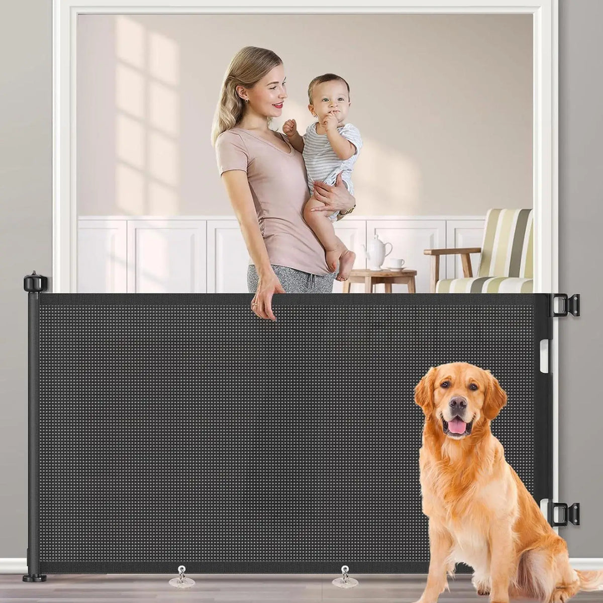 Retractable Pet Gate Mesh – No-Drill Childproof Net Fence Retractable Pet Gate Qme