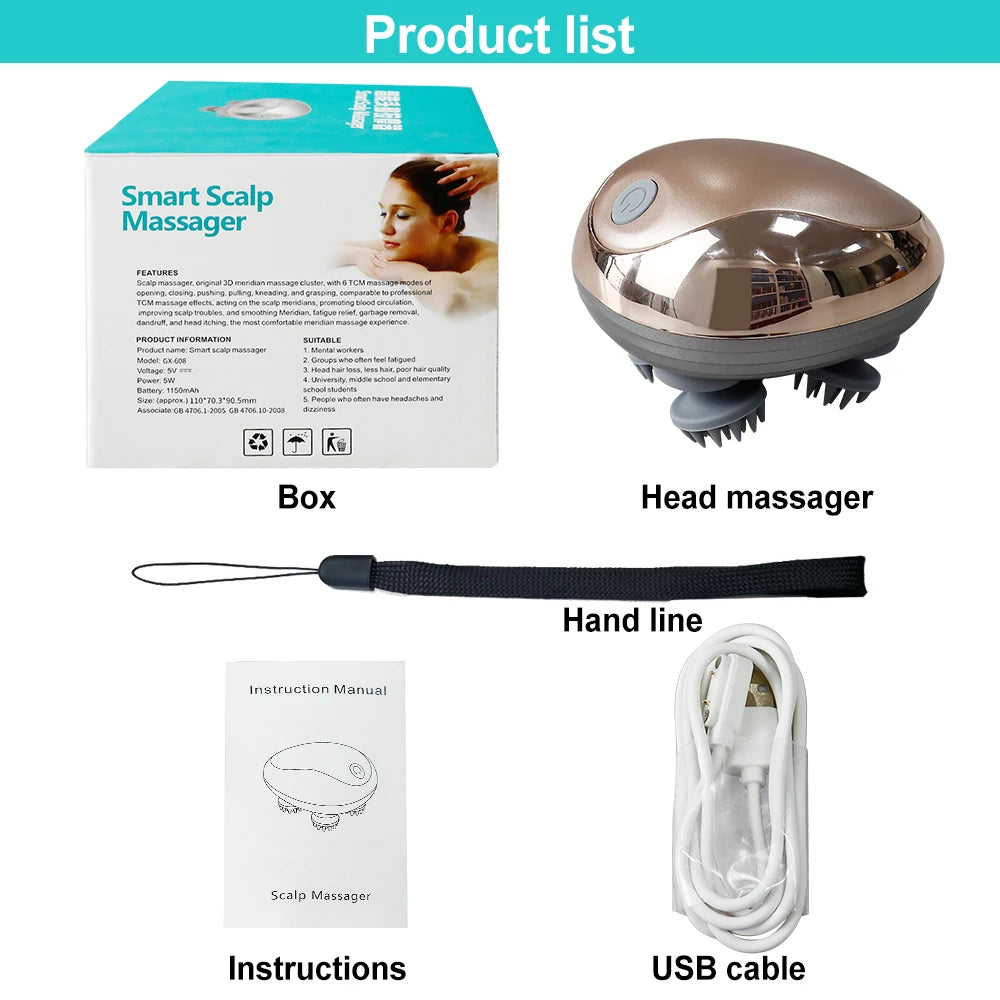 Raiuleko Electric Scalp Massager – 3D Kneading Head Device Electric Head Massager Qst Gold USB Type-C